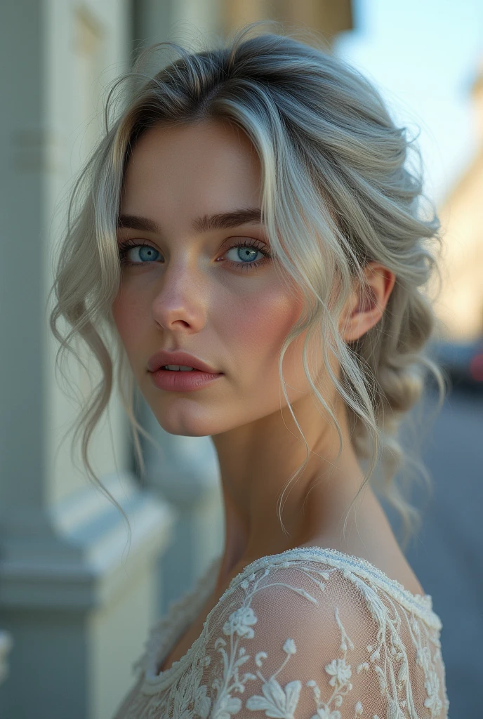 (Best quality,a high resolution,masterpiece),ultra detailed,photorealistic:1.37,beautiful girl,light gray medium hair,подробные Blue eyes,detailed lips,soft lighting, graceful pose,fine features,subtle makeup, shallow depth of field,thin smile, A feeling of airiness,artistic composition, (((Blue eyes))), cinematic, Hyper-detailed, crazy details, beautifully color-graded, cinematic Lightning, incredibly detailed and confusing, hypermaximalist, volume, full color, big budget Hollywood film, synoscope, capricious, epic, fabulous, Against the backdrop of St. Petersburg