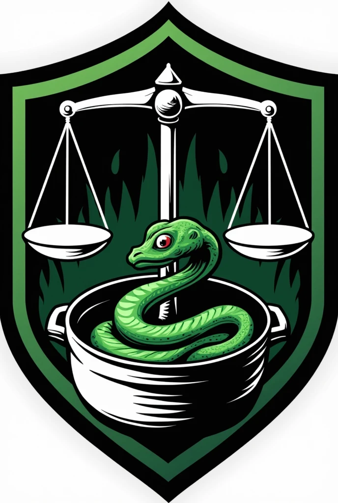  A cartoon shield-like logo for a black and white team with green details featuring a weight scale., with a snake inside a kitchen pot