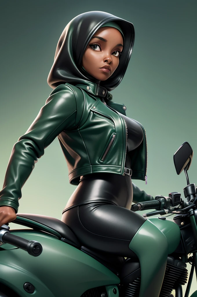 obra prima, melhor qualidade, ((only one woman,)) ((ilhan omar, dark black skin, black leather muslim hijab)) looking over shoulder at me, massive erect cone tits, ((wearing metallic green leather biker moto jacket,)) ((jacket has padded shoulders, jacket has stiff high collar,)) (((wearing jade green leather pants,))) body is very skinny, arched back, hand gripping handle, ((riding motorcycle, extreme closeup view, side front view of upper body,)) shallow depth of field, highres, HD, 8k, anatomically correct