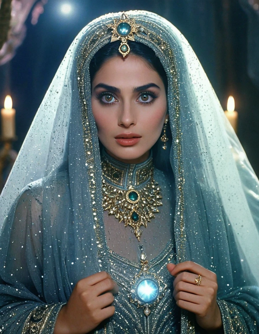 celestial beautiful and elegant Hazrat cinderella 1990 live - action movie first look, grainy, vhs filter, wearing glittery tulle cape and glittery tulle cloak as ancient and enigmatic muslim prophetess with irresistible holy aura, invites infidels to islam and monothemism and allah, her gaze towards people makes to be ashamed of themselves, her power are in her celestial shiny creepy hypnotic eyes and face with magics, she has shiny hypnotic eyes of a witch to make you freezed and brainwashed, gaze of a dangerous and scary bewitchful eye