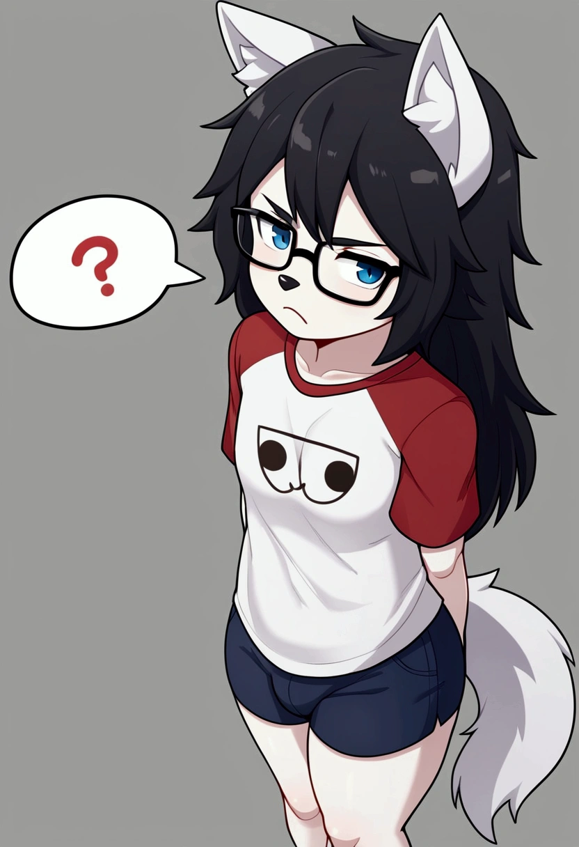 (by wamudraws, by burgerkiss, at terans, by freeedon, by Kilinah, by Coffeesoda, by Hioshiru, by Kilinah),alone, punctuation_9,punctuation_8_High above,punctuation_7_High above, a young hairy wolf Anthro nerd,child,feminine,young wolf girl, wolf muzzle, white hairy body, Cao Cao, long messy black hair,long hair, Bblack hair, white wolf tail, black glasses, blue colored eyes, white wolf ears, white wolf tail, breasts small, wearing a red t-shirt, short preto ,,he would be,fly away,portraite,unexpressive,close up looking forward,white ear,icons,high qualiy,angry face