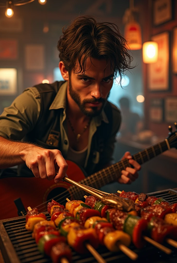Young man making skewers with an Aerosmith-like face playing guitar in a bar
