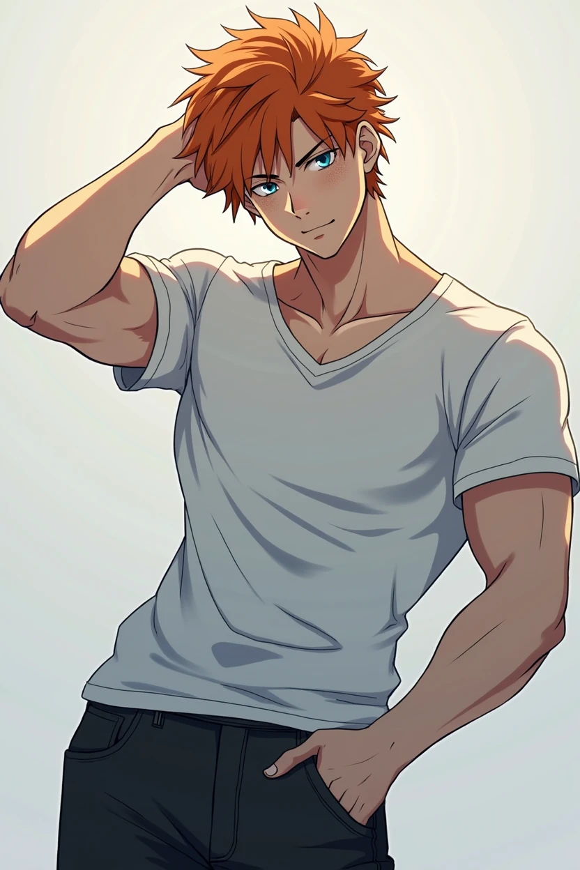 man, full length, orange hair, Blue eyes, freckles, toned body, white mother, black tights, Beautiful, Anime Masterpiece, realistically