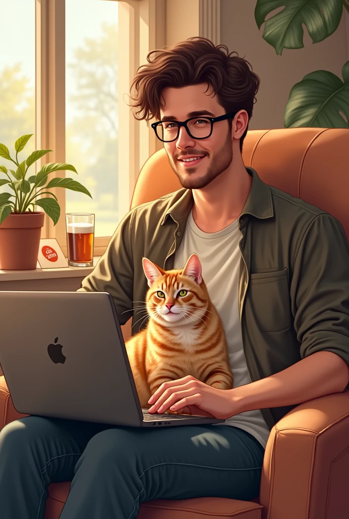 Drawing of a new man with glasses, nor the bar, with a cat on my lap and beer, with ifood order

