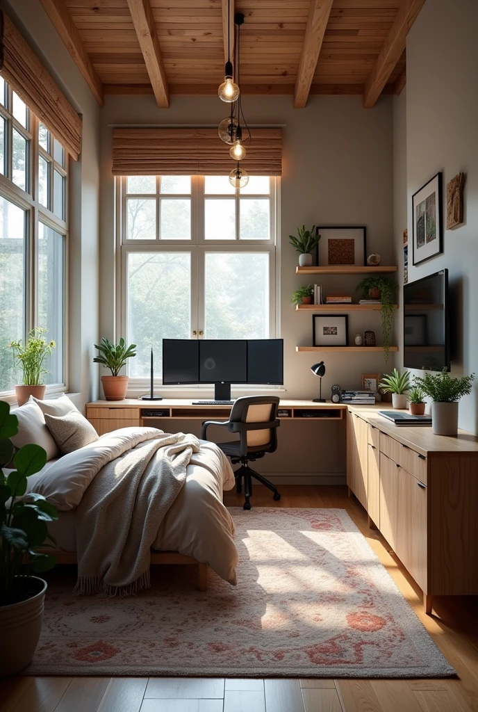 Room with bed and pc set up and tv set