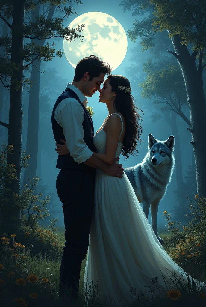 A couple with a wolf in the background in a night scene