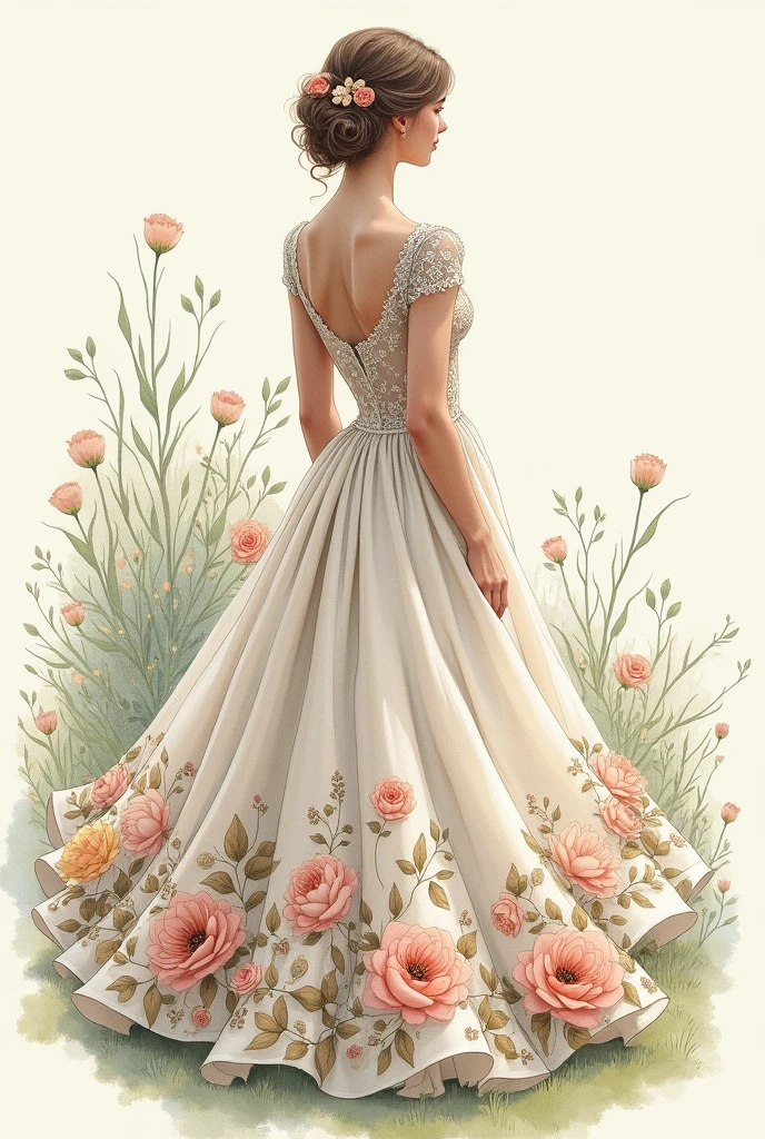  sketch of a dress with flowers in its fabric and colors and lace