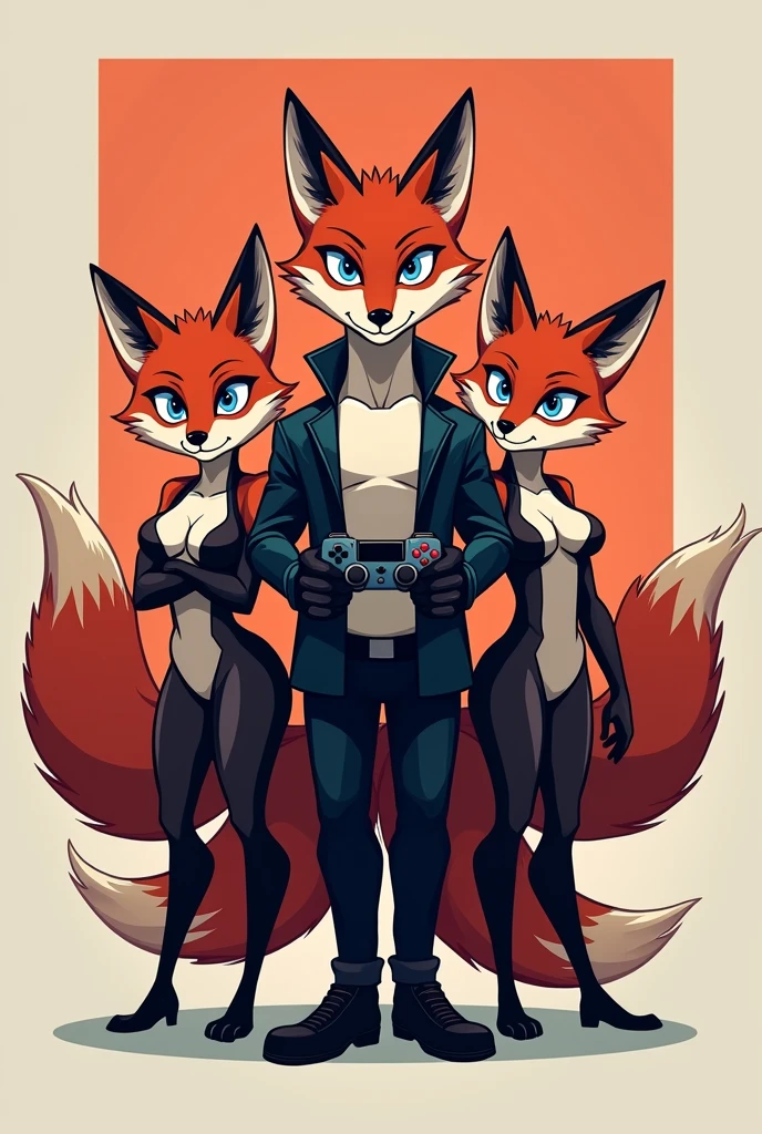 A logo with two sexy female foxes and a strong male fox in the middle holding a video game controller, Written by Epic Game Designer
