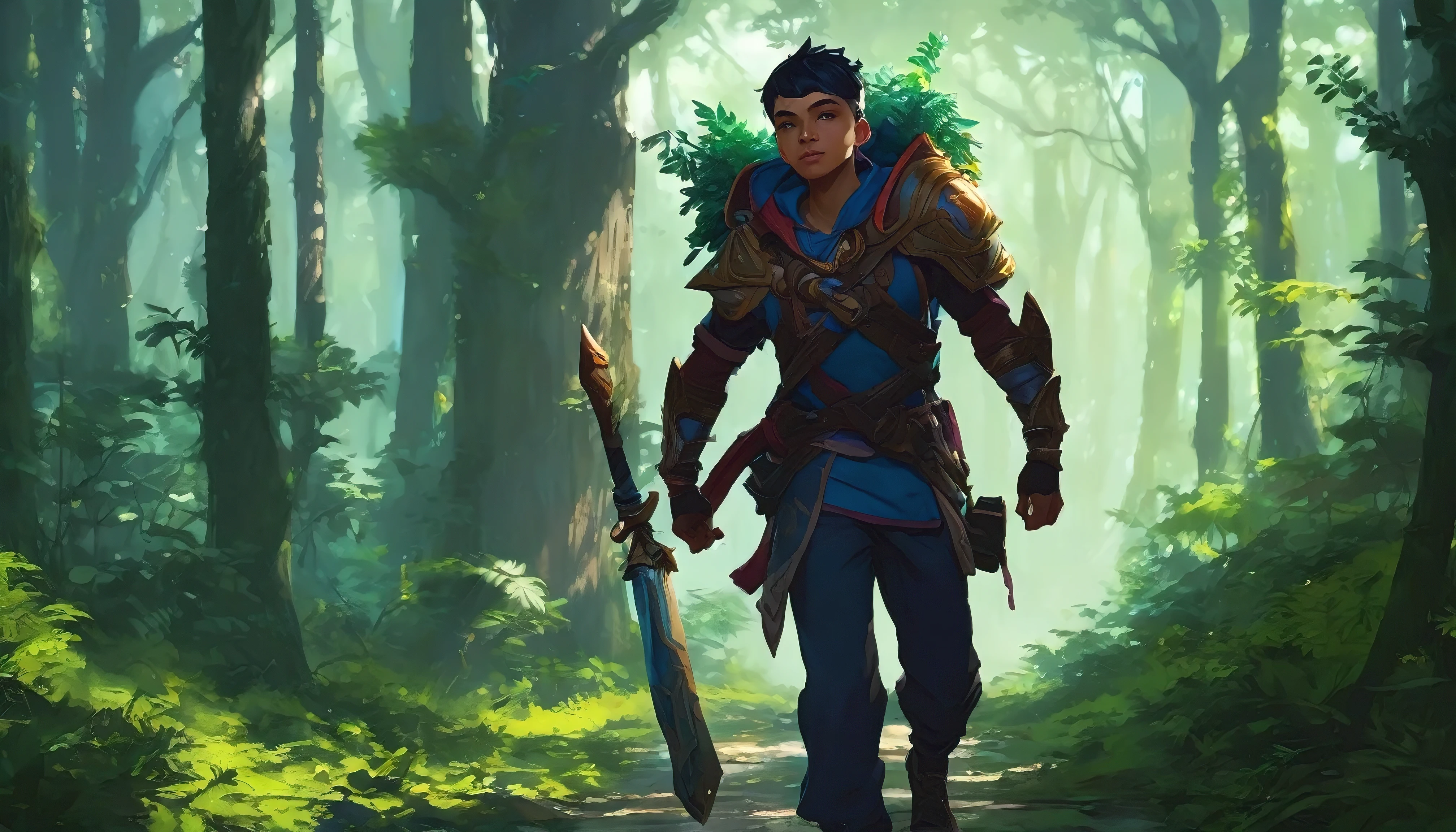  a human boy walking in a dense forest, high fantasy RPG style, League of Legends-inspired art style, dynamic poses, detailed facial features, cinematic lighting, vibrant colors, dramatic atmosphere, gritty realism, masterpiece, best quality, ultra-detailed, VALORANT