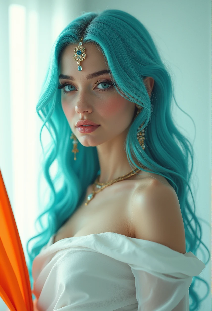 full length photo, (full body photo:2.0), a real ultra realistic 8k goddess of temptation with cyan coloured hair and perfect beautiful face ratio according to mathematically, perfect jawlines, perfect face cut, perfect cheek bones, ultra realistic 8k facial features, beautiful blue big realistic beautiful eyes, juicy beautiful lips, bright light, long_hair in a beautiful white saree dress with tricolor indian flag in hand