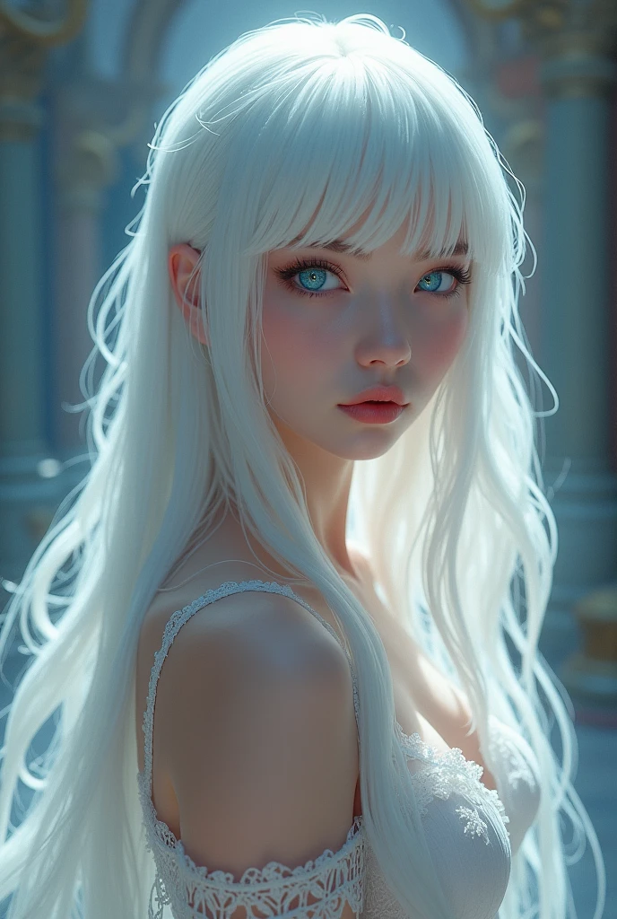 A woman with Bang hair long white hair and pastel blue eyes in my here academy style naked
