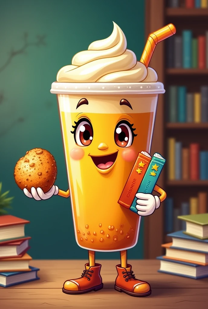 Please create a mascot that is a drink holding a coxinha and a bookmark.