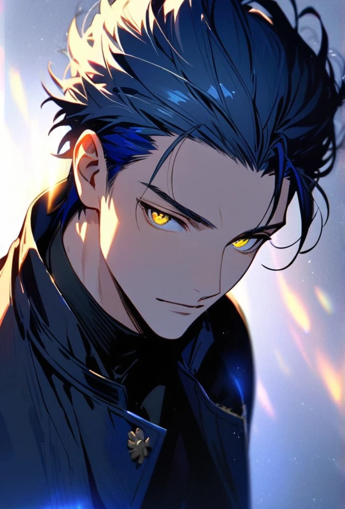 Handsome, solo, 1 man, blue hair, yellow eyes, 1 man, handsome, male, short hair, detailed, Hair Slicked Back, Messy Hair, Glowing Light, Bright PupilsVery Short Hair, Hair Pulled Back,