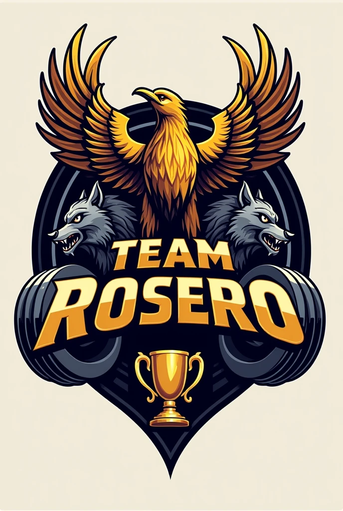 I want a logo for a gym with the name Team Rosero in uppercase with a gym look, gold and silver style with phoenix , lobos , force , dumbbells , champion ,circular dumbbells