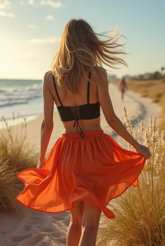 Hot girl is wearing a skirt and i can see her oussy because of the wind