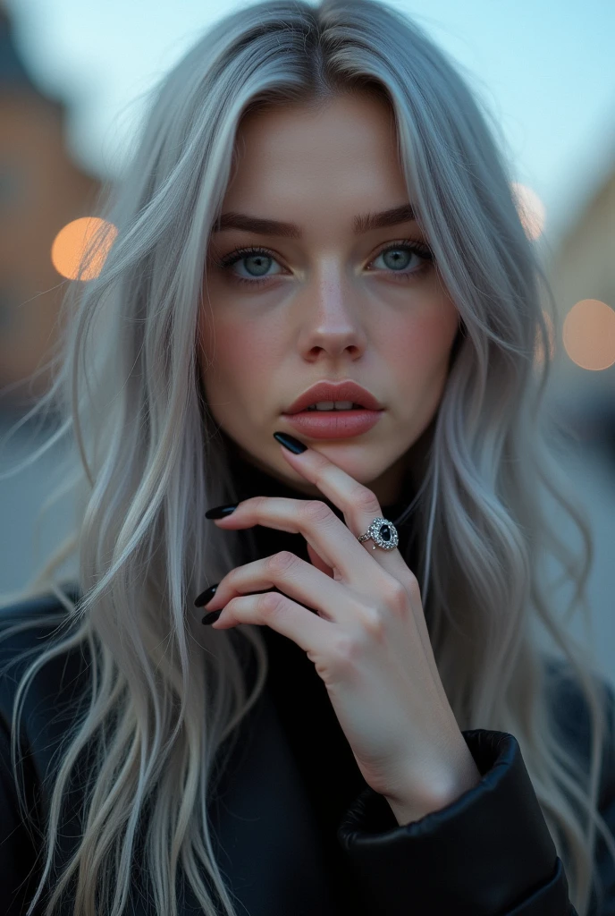 Beautiful girl with white skin, light gray hair, with bright shining eyes, Shiny skin, beautiful black manicure, Beautiful nails, pearl skin, In a black dress, beautifully detailed fingers, professional photo, 4K, a high resolution, high detail, realistic, looks straight, Against the backdrop of St. Petersburg, evening
