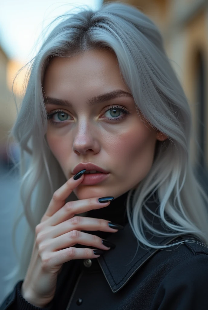 Beautiful girl with white skin, light gray hair, with bright shining eyes, Shiny skin, beautiful black manicure, Beautiful nails, pearl skin, In a black dress, beautifully detailed fingers, professional photo, 4K, a high resolution, high detail, realistic, looks straight, Against the backdrop of St. Petersburg, evening