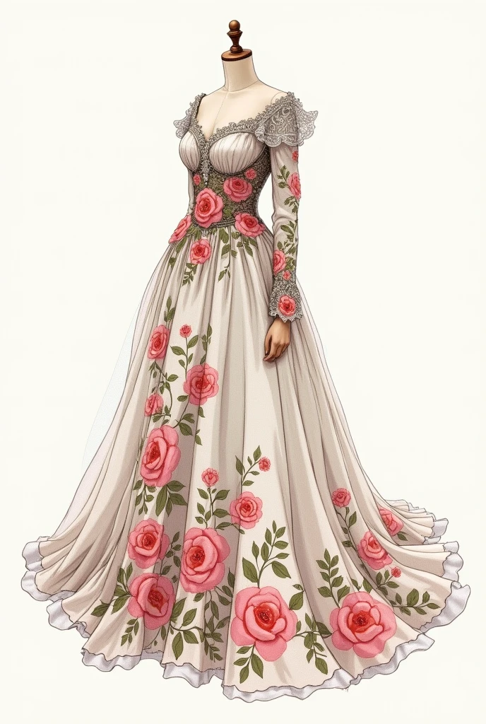  sketch of a dress with flowers in its fabric and colors and lace