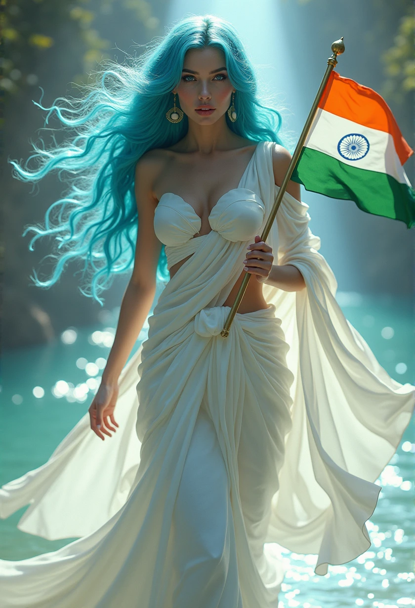 full length photo, (full body photo:2.0), a real ultra realistic 8k goddess of temptation with cyan coloured hair and perfect beautiful face ratio according to mathematically, perfect jawlines, perfect face cut, perfect cheek bones, ultra realistic 8k facial features, beautiful blue big realistic beautiful eyes, juicy beautiful lips, bright light, long_hair in a beautiful white saree dress with tricolor indian flag in hand