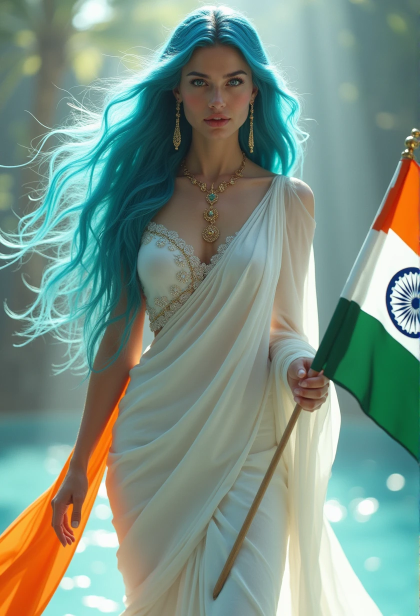 full length photo, (full body photo:2.0), a real ultra realistic 8k goddess of temptation with cyan coloured hair and perfect beautiful face ratio according to mathematically, perfect jawlines, perfect face cut, perfect cheek bones, ultra realistic 8k facial features, beautiful blue big realistic beautiful eyes, juicy beautiful lips, bright light, long_hair in a beautiful white saree dress with tricolor indian flag in hand