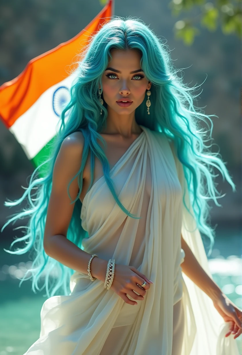 full length photo, (full body photo:2.0), a real ultra realistic 8k goddess of temptation with cyan coloured hair and perfect beautiful face ratio according to mathematically, perfect jawlines, perfect face cut, perfect cheek bones, ultra realistic 8k facial features, beautiful blue big realistic beautiful eyes, juicy beautiful lips, bright light, long_hair in a beautiful white saree dress with tricolor indian flag in hand