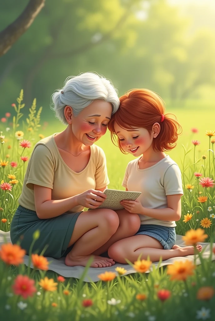 An elderly woman of approximately 86 years old with a slightly tanned complexion, a more tanned white with short hair parted to the side, completely white hair looking like feathers. Make her sitting in a green field with flowers. Her body is a fat body that lost weight over time, she is smiling and doing crosswords, her clothes are knee-length shorts and a tank top, both are not fair and possessed a light tone with flowers. Next to her is her 26-year-old granddaughter, white, with 2b and 2c hair parted to the side, Her hair is auburn red, her body is standard type with no visible muscles, she is reading a book and is wearing short denim shorts and a rock T-shirt. She has freckles on her face and loves her grandmother.
