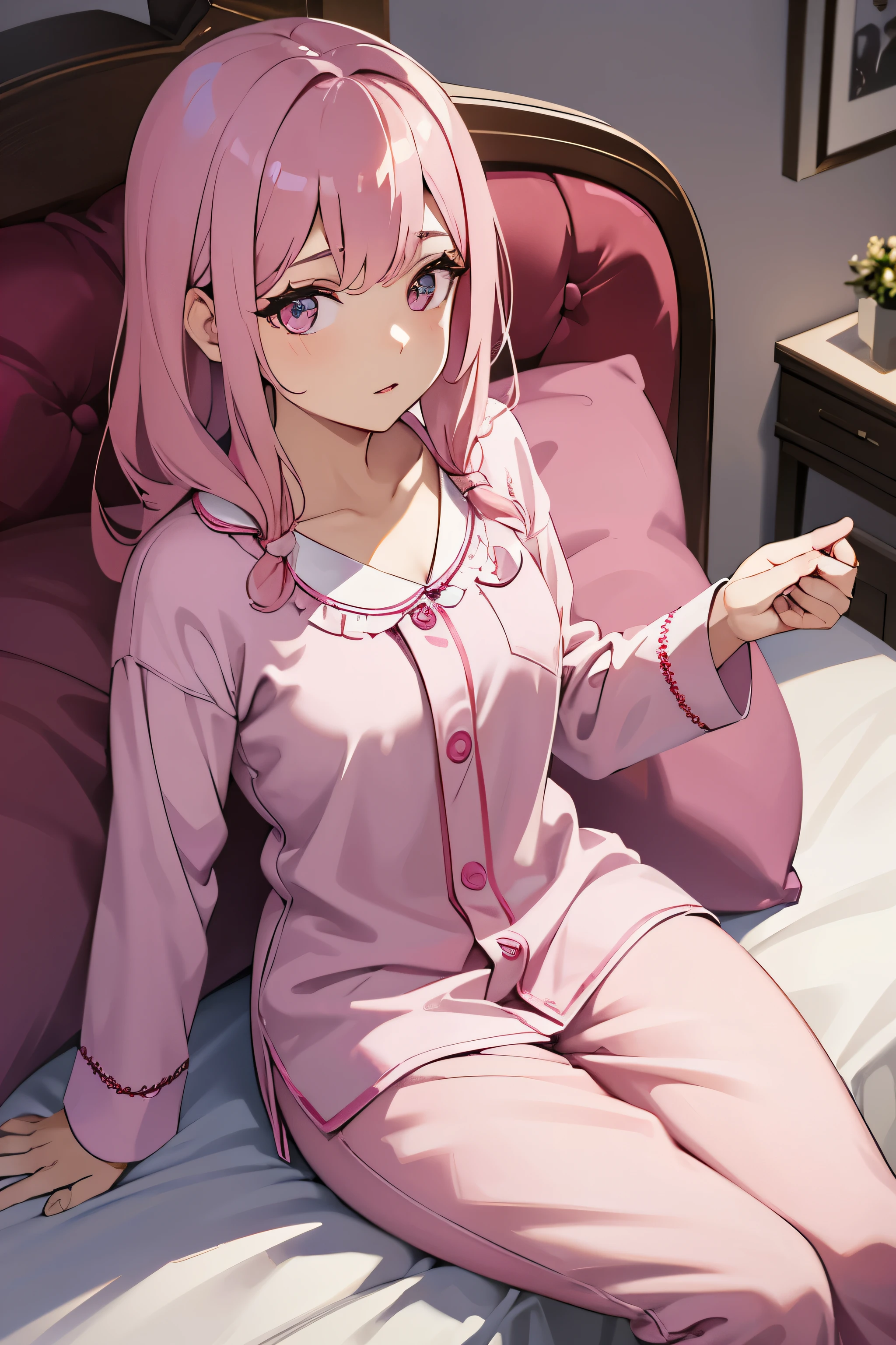 araffe woman sitting on a couch in a pink pajamas, a portrait by Lena Alexander, instagram, dau-al-set, wearing pajamas, pink, satin, sitting on the bed, some pink, sitting on a bed, silk, pink clothes, p. j. n, sitting on her bed, full length view, taken in 2 0 2 0