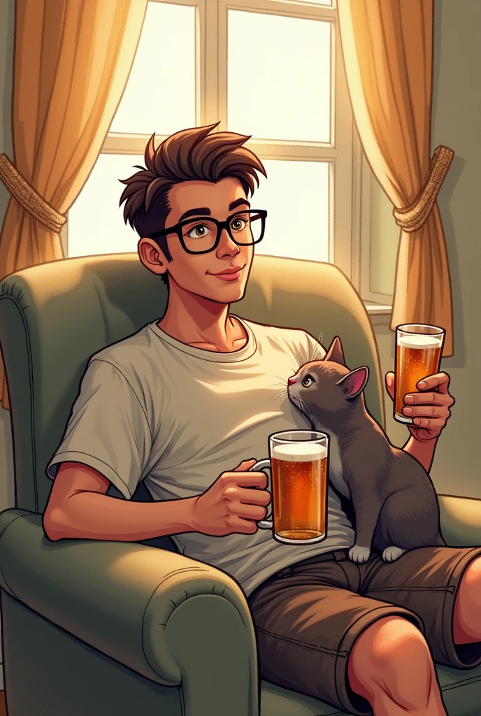 Drawing of a man with a smooth face, with glasses, with a cat on my lap and beer, with ifood order