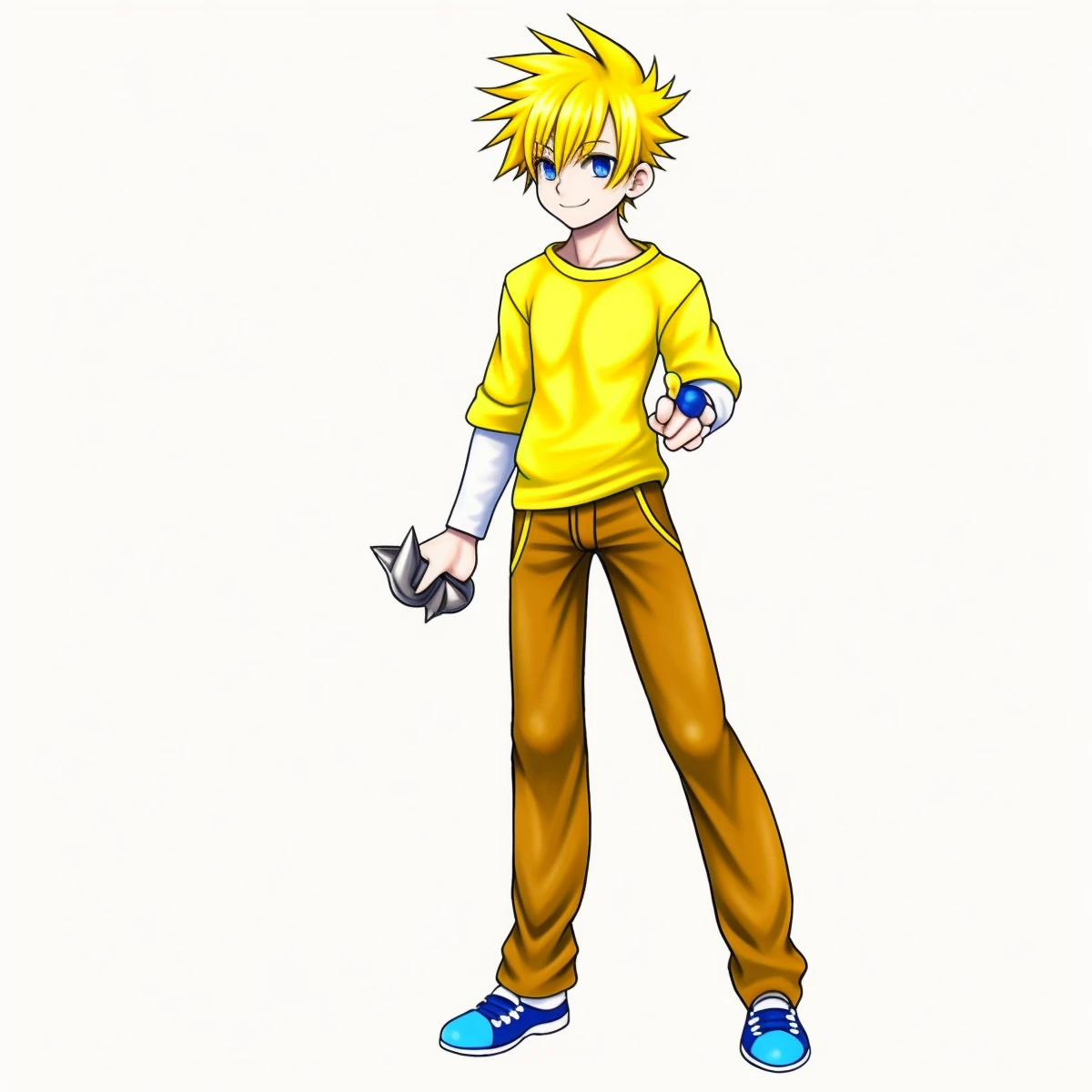 masterpiece, best quality, cinematic photo of 1boy, blue eyes yellow hair, yellow t shirt, white twofer longe sleeves, spiky hair, blue trainers,  brown pants, smiling, spike hair,, photograph, film, highres