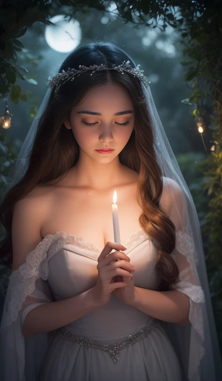 pov, A serene moonlit scene, softly illuminated by a gentle crescent moon, casting a silver veil over a secluded garden path. A bashful maiden, her face flushed with the warmth of her heart's secret, stands timidly before you. Her eyes, a deep ocean blue, shyly avert from yours, as she extends a delicately crafted letter with both hands, its edges adorned with intricate floral patterns. Her fingers tremble slightly, conveying the weight of her emotions. The air is filled with the subtle fragrance of night-blooming jasmine, adding a touch of romance to the moment. The background is a tapestry of lush greenery, gently swaying in the soft breeze, while distant fireflies dance in harmony with the silent night. Every detail exudes a poignant beauty, capturing the tender moment when love dares to speak, whispered in the language of moonlight and flowers