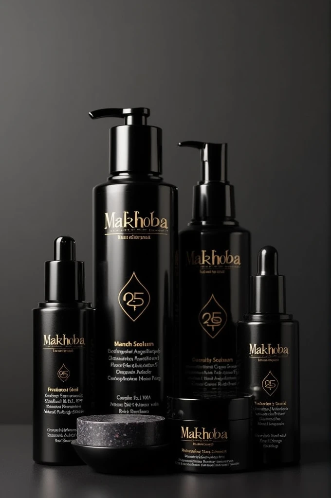 Generate skin care products from the "MAKHOBA" brand , consisting of salicylic acid and glycolic acid and niacinamide acid and facial cleanser, serum, moisturizer SPF, facial scrub, sensitive skin soap, an instant working Benzoyl peroxide solution 3 day solution, a acne scar mask for 1 week , lip scrubs , lip glosses and toners , make it a luxurious brand with elegance. Include lIP PRODUCTS , make the products , black in colour, the writing on the products must strictly be in English including or displaying what the products are exactly Inspo: CeraVe and Cetaphil.....