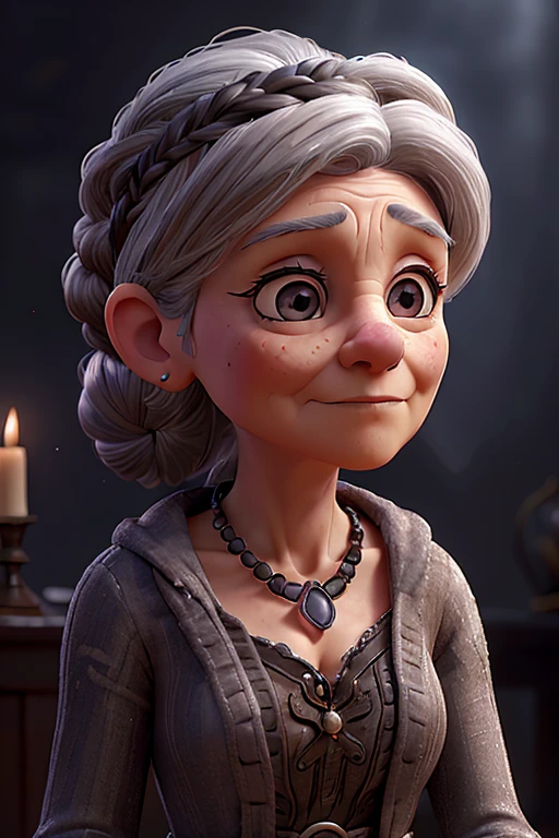 a mysterious 70 year old bohemian woman, clear eyes, gray hair in a bun, detailed face, intricate jewelry, flowing dress, moody lighting, atmospheric, dramatic, cinematic, dark academia, muted colors, chiaroscuro
