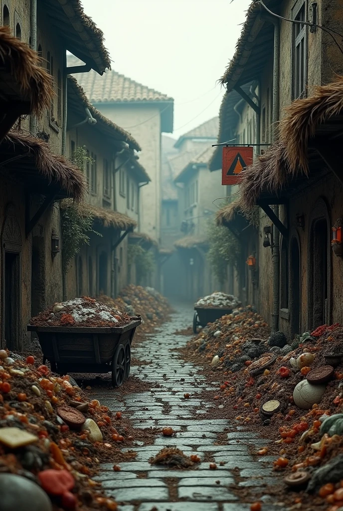 European city in the Middle Ages without sanitation and with a lot of garbage on the ground and without people on the street