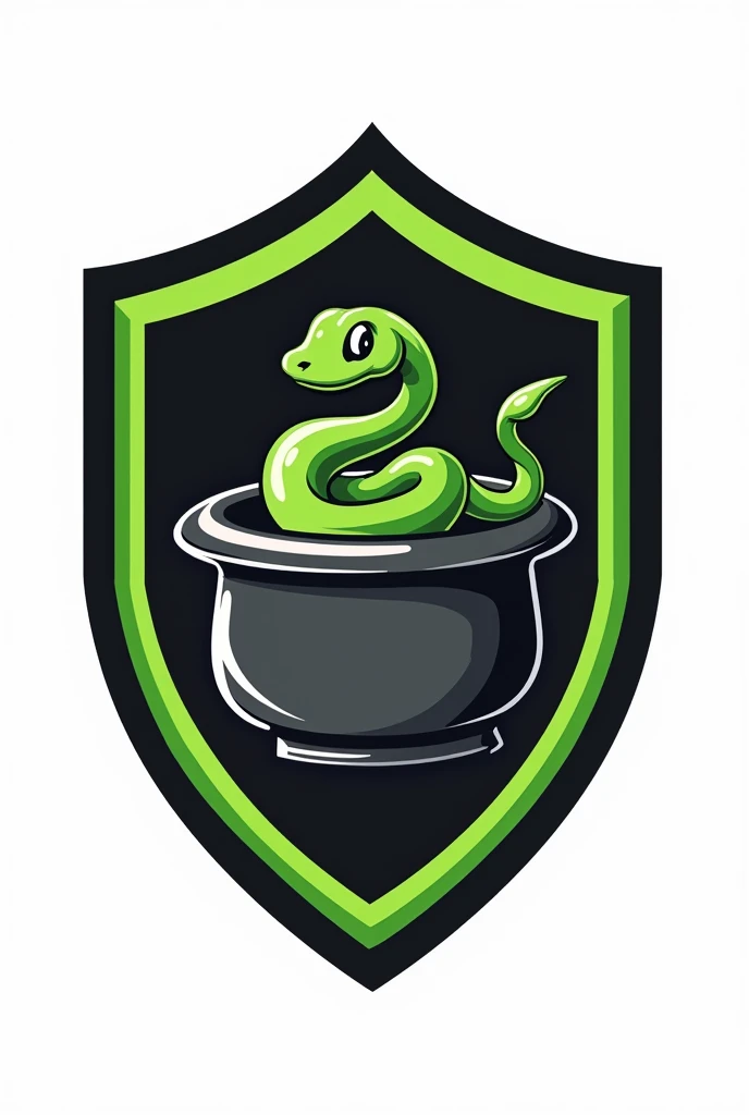 A cartoon shield-like logo for a black and white team with green details featuring a weight scale., with a snake inside a kitchen pot