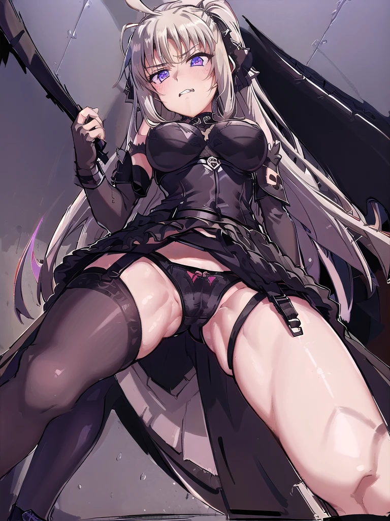 prison, concrete wall, concrete floor, ((((black dildo, black sex toys, black strap-on)))), femdom, dominatrix, ((female standing)), ((((looking down)))), looking at viewer, furrowed brow, foreshortening, 独奏, ass pov, ((((from below)))), ((bare shoulders)), ((black bustier)), ((black stockings)), ((black g-string)), ((black high heels)), ((black garter belt)), ((black elbow gloves)), white hair,
One person, Long Hair, Purple eyes, chest, Ahoge, very Long Hair, large breasts, ribbon, hair ribbon, ponytail, bangs,