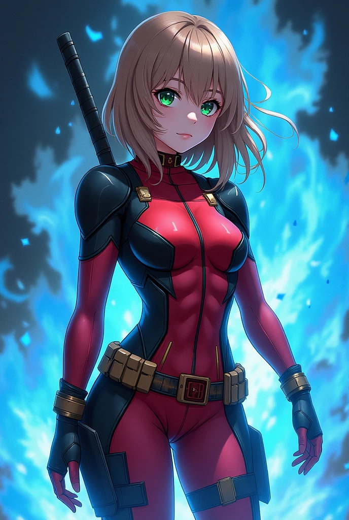Light brown haired woman, hip length hair, White skin, green eyes, hero suit deadpool, hourglass body, with blue flames behind, Anime my hero academia 