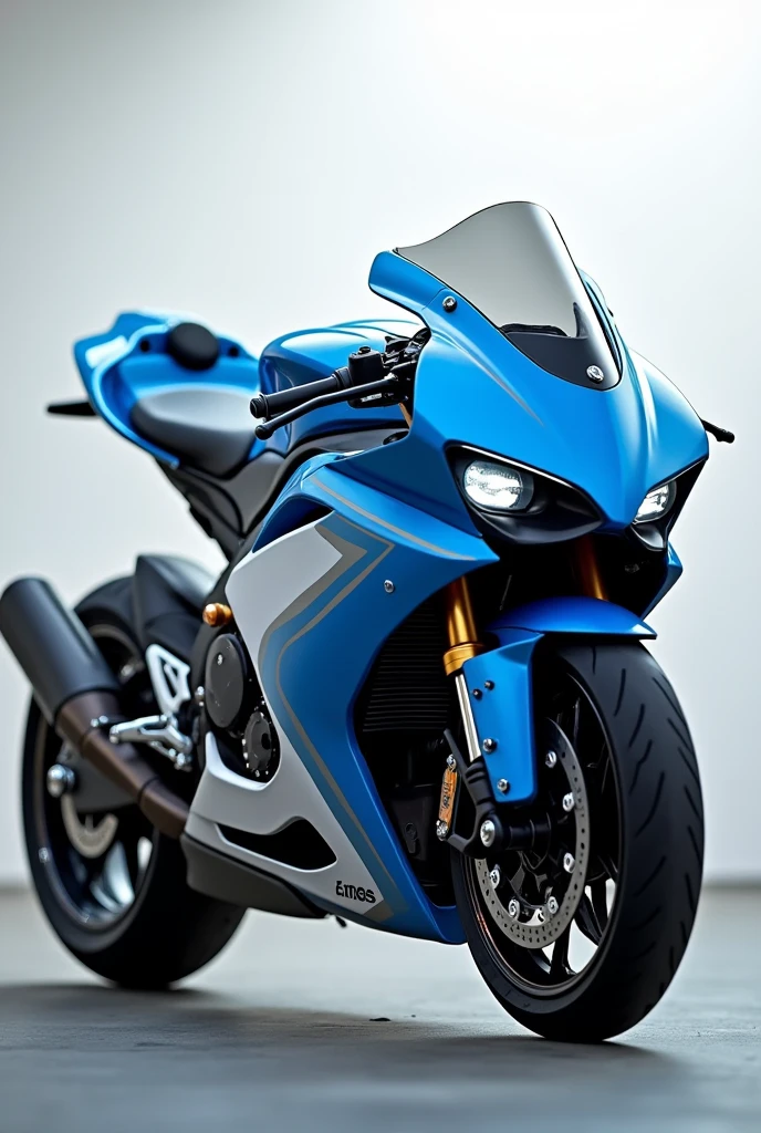 1000 cc sports bike, blue and white shark, two headlights, pointed tail, long rear lights, black wheels