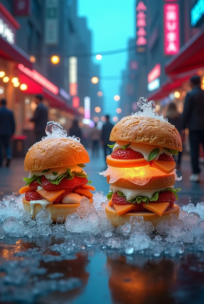 Create 4 different street food stages but made with molecular gastronomy techniques like gelification, spherification, liquid nitrogen, etc