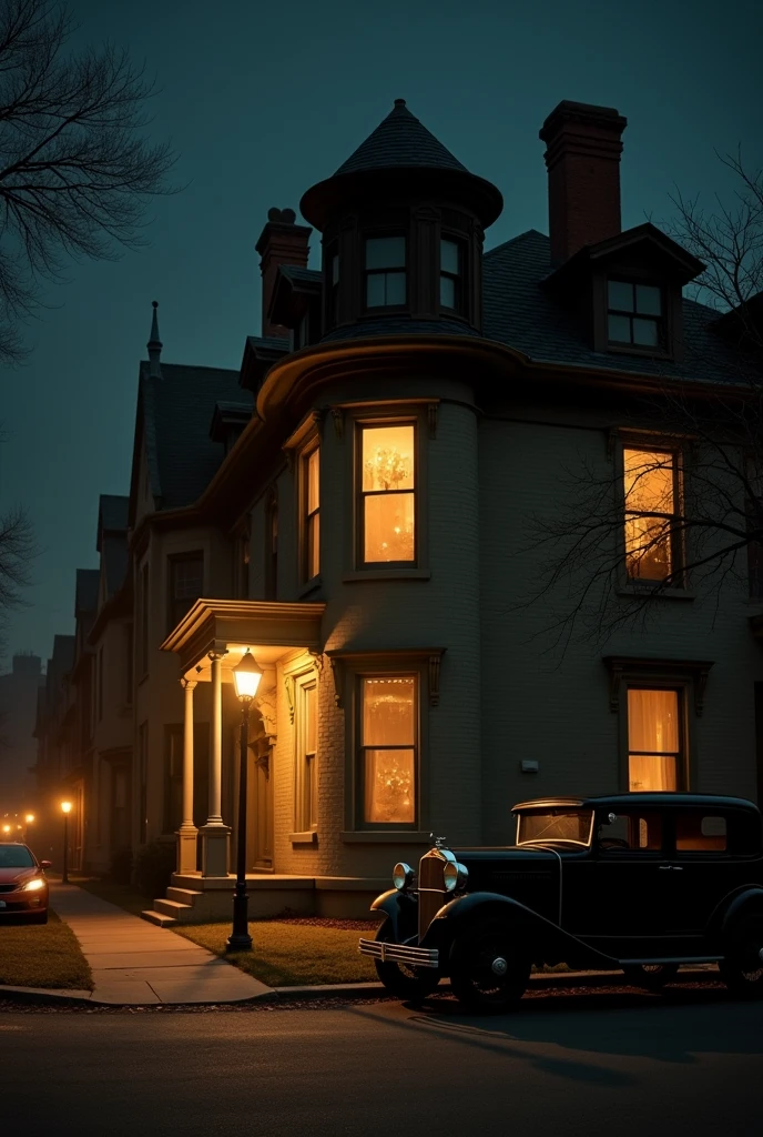 A semi-circular corner of an old house, a long street, a big city at night,, the city of St. Louis Missouri, the camera is looking at the corner of the house. A warm light is burning behind the windows, a road near the corner, old cars are parked on the street. 1927, night.