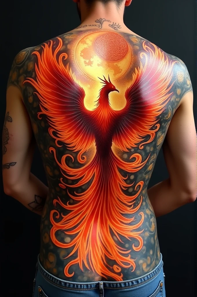 Back Tattoo, a highly detailed tattoo of a phoenix on a woman's back, intricate phoenix feathers, stunning details, realistic skin textures, dramatic lighting, cinematic composition, dramatic contrast, glowing eyes, powerful dynamic pose, moody dark colors, intricate ornate patterns, photorealistic, 8k, best quality, masterpiece
