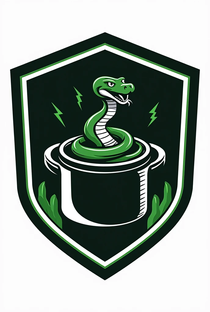  A cartoon shield-like logo for a black and white team with green details featuring a weight scale., with a snake inside a kitchen pot