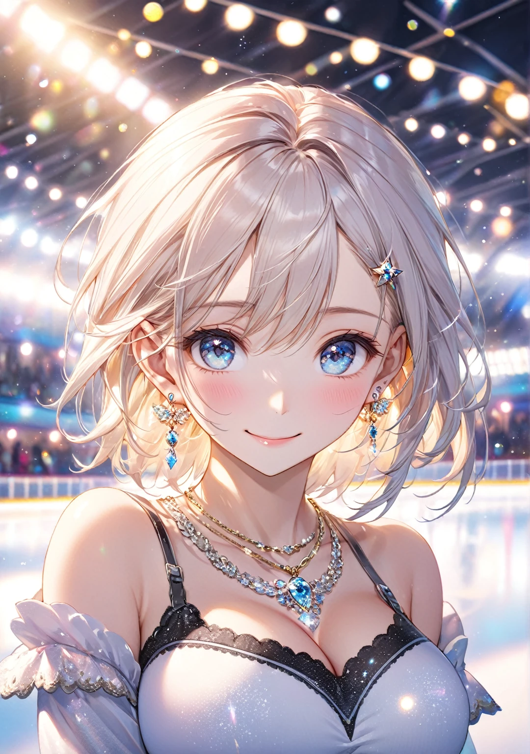 (Highest quality,8k,32K,masterpiece,Ultra-high resolution :1.2 ),born,One person,Super cute,Natural light,Clear, shining eyes,20-year-old,Fair skin,Fantasy background of a figure skating rink,Large Breasts,Eyes sparkle,Face scale up,Close up on face,smile,Earrings,necklace
