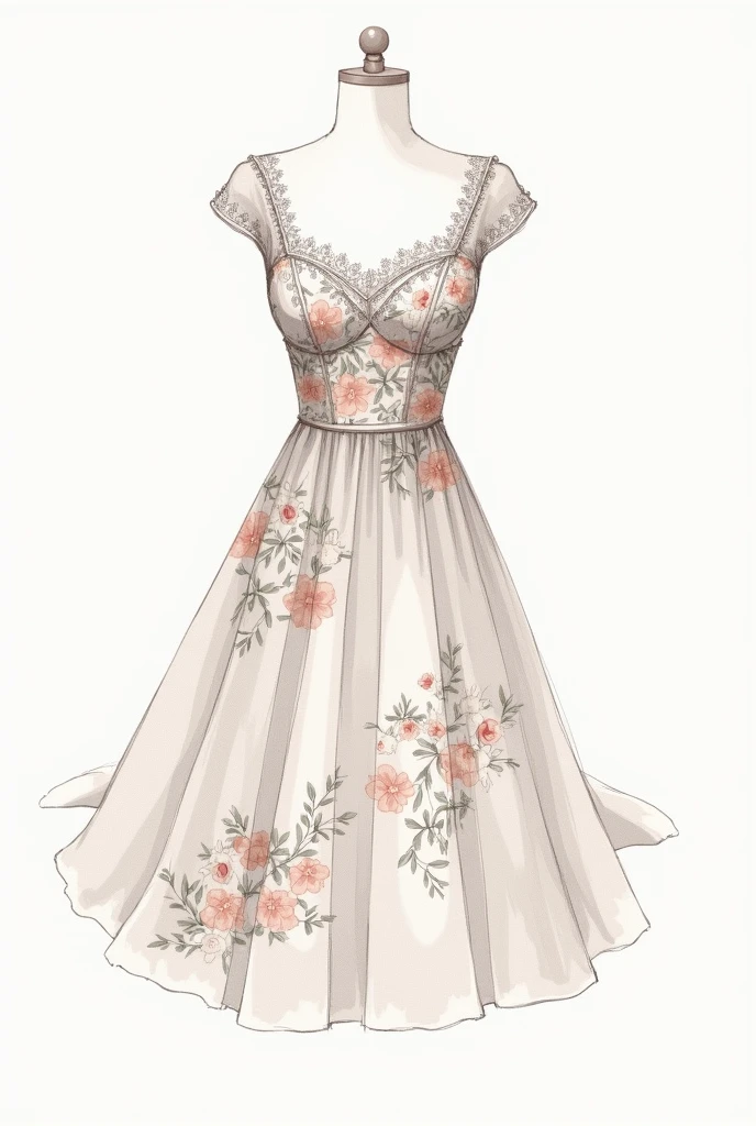  sketch of a dress with flowers in its fabric and colors and short lace 