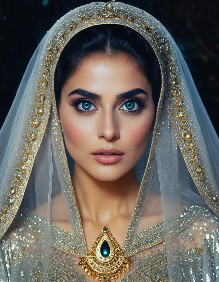 sexy celestial beautiful and elegant Hazrat cinderella 1990 live - action movie first look, grainy, vhs filter, wearing glittery tulle cape and glittery tulle cloak as ancient and enigmatic muslim prophetess with irresistible holy aura, invites infidels to islam and monothemism and allah, her gaze towards people makes to be ashamed of themselves, her power are in her celestial shiny creepy hypnotic eyes and face with magics, she has shiny hypnotic eyes of a witch to make you freezed and brainwashed, gaze of a dangerous and scary bewitchful eye, ( نبي الله سندريلا صلى الله عليها وآله وسلم)