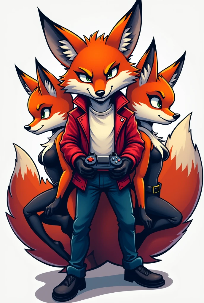 A logo with two sexy female foxes and a strong male fox in the middle holding a video game controller, Written by Epic Game Designer