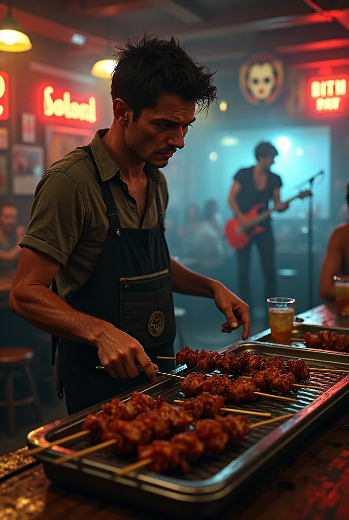 Ugly young man making meat skewers with an Aerosmith face playing guitar in a bar