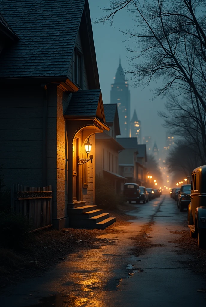 A semi-circular corner of an old house, a long street, a big city at night,, the city of St. Louis Missouri, the camera is looking at the corner of the house. A warm light is burning behind the windows, a road near the corner, old cars are parked on the street. 1927, night.