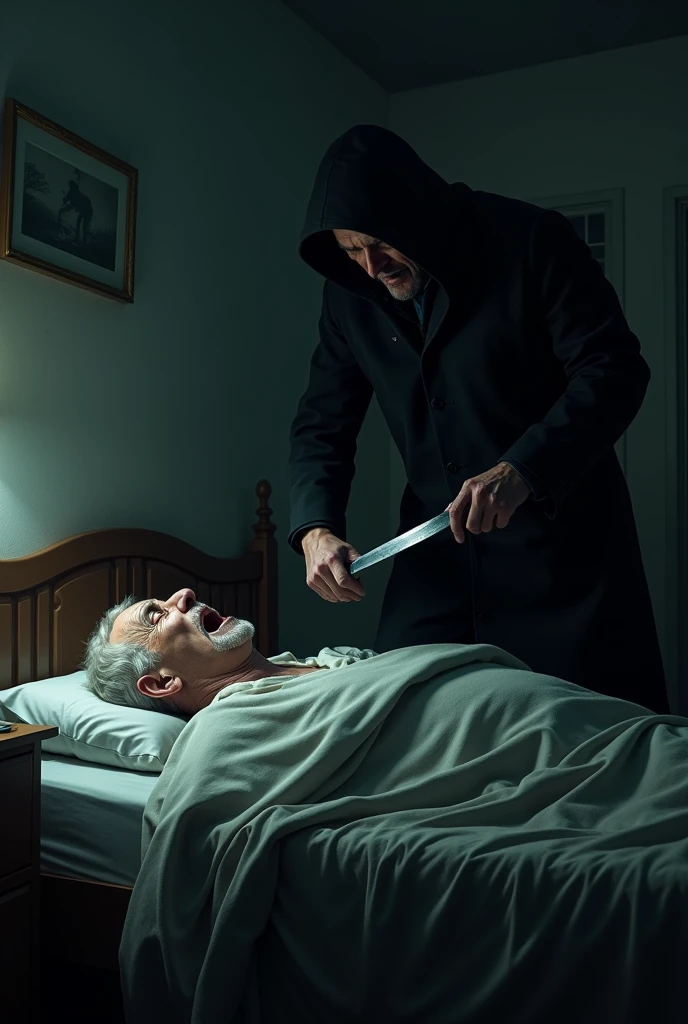 a man stabbing an old man while he sleeps