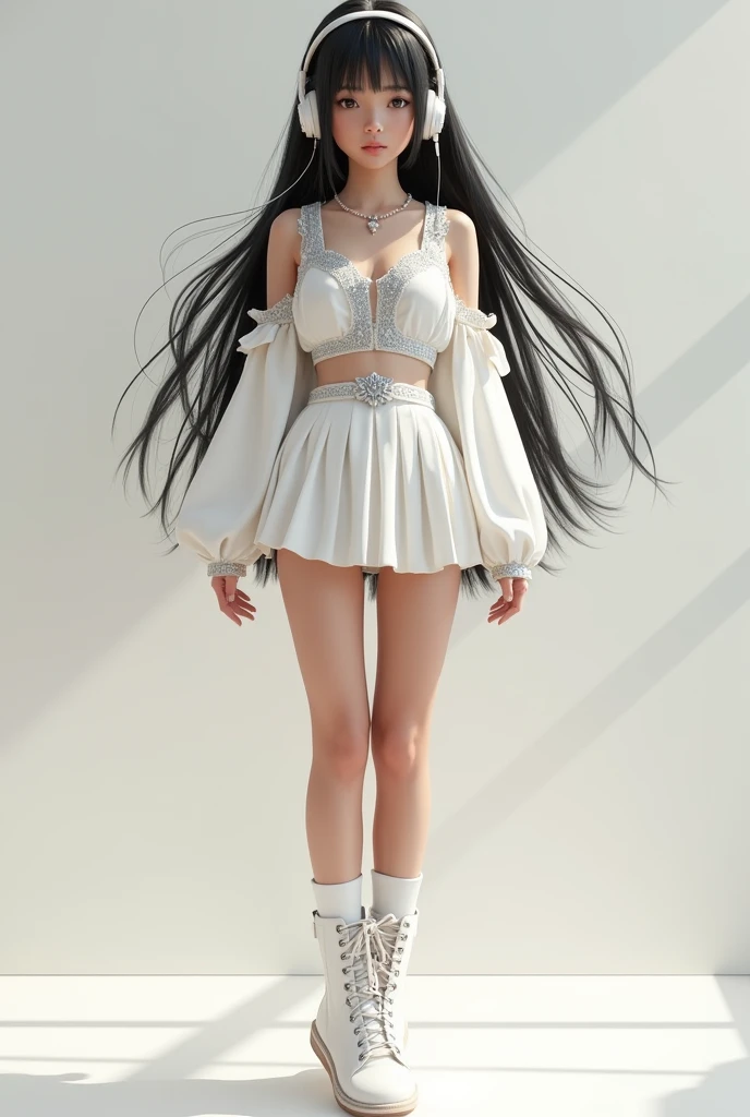 Young girl with indigenous features and long, dark hair wearing a white long-sleeved blouse with silver details and a short, white pleated skirt.. Gamer accessories and using headphones. White boots and high socks
Full body