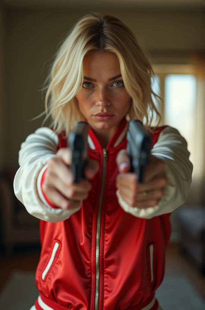 wide field of focus, living room background, wasteland,, fragments, soft feminine red and white satin bomber jacket,  blonde woman holding 2 pistols，pointing pistols at camera, fighting stance，almost perfect, pure form, intricate details, 8K post-production, high resolution, super detailed, Popular topics on Artstation, sharp focus, Studio photos, intricate details, Very detailed, author：Greg Rutkowsky, both woman and pistol are in focus